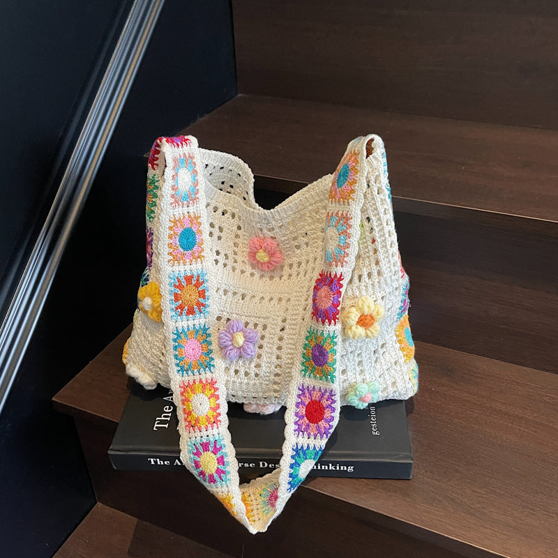 Summer Floral Crochet Open-Knit Boho Beach Tote - Cream Flower