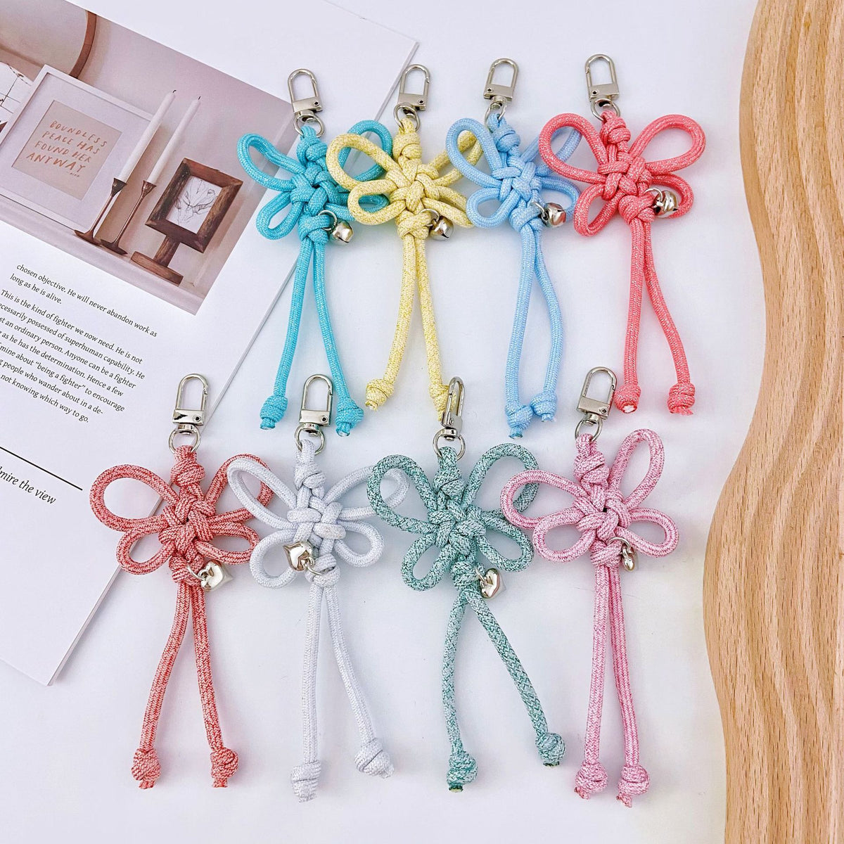 Woven Lucky-Knot Bag Charm Keyring with Mini Bell