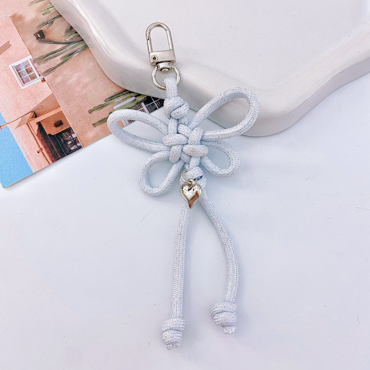 Woven Lucky-Knot Bag Charm Keyring with Mini Bell - Silver