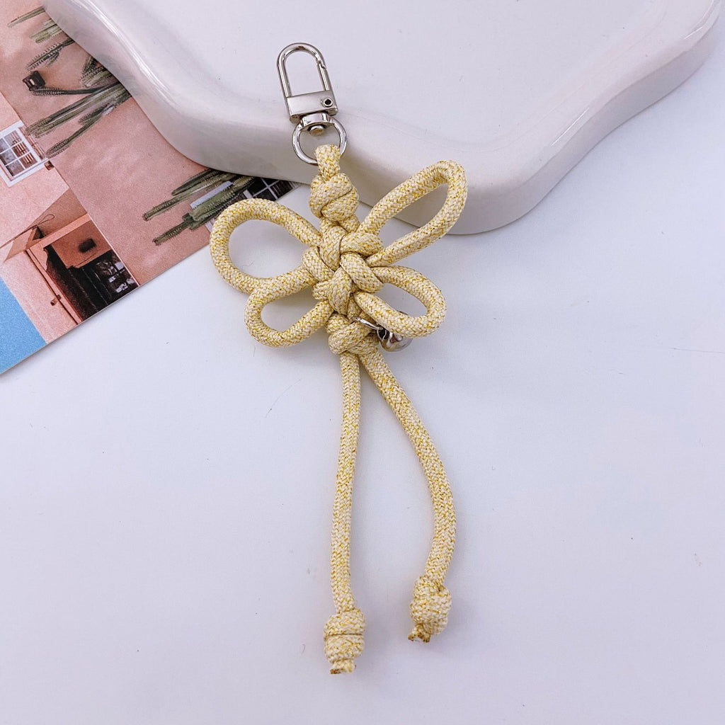 Woven Lucky-Knot Bag Charm Keyring with Mini Bell - Yellow
