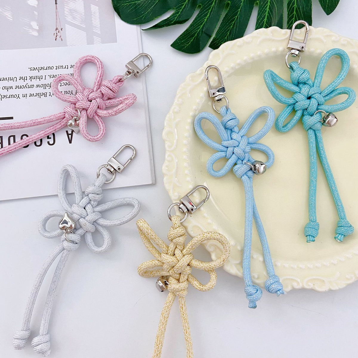 Woven Lucky-Knot Bag Charm Keyring with Mini Bell - view 3