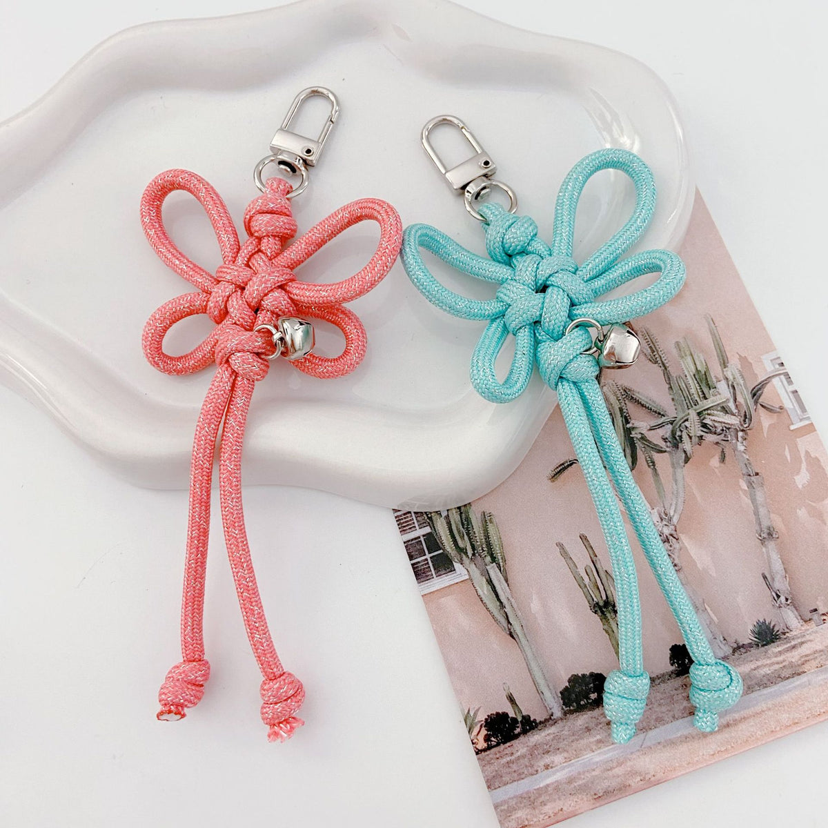 Woven Lucky-Knot Bag Charm Keyring with Mini Bell - view 4