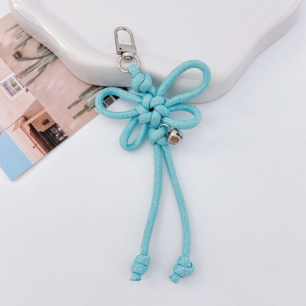 Woven Lucky-Knot Bag Charm Keyring with Mini Bell - Blue