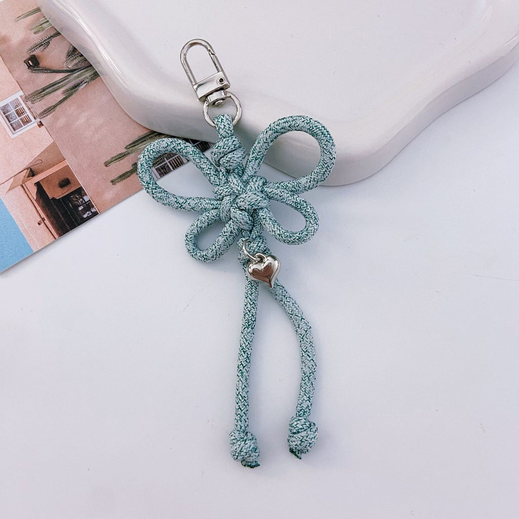 Woven Lucky-Knot Bag Charm Keyring with Mini Bell - Green