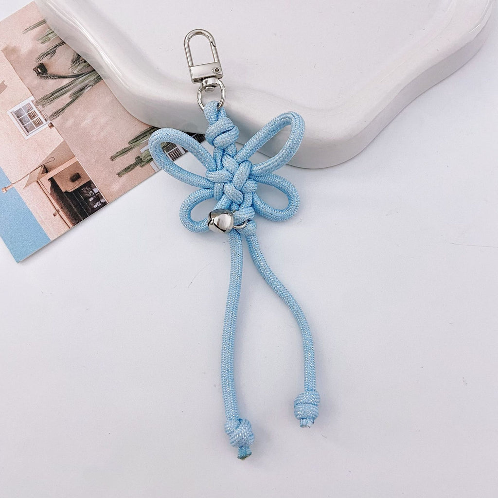 Woven Lucky-Knot Bag Charm Keyring with Mini Bell - LightBlue