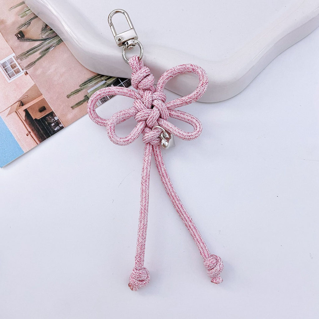 Woven Lucky-Knot Bag Charm Keyring with Mini Bell - Purple