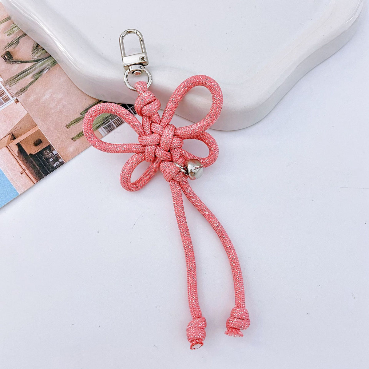 Woven Lucky-Knot Bag Charm Keyring with Mini Bell - Red