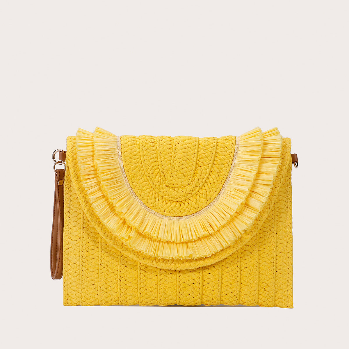 Boho Fringed Straw Envelope Clutch - Yellow