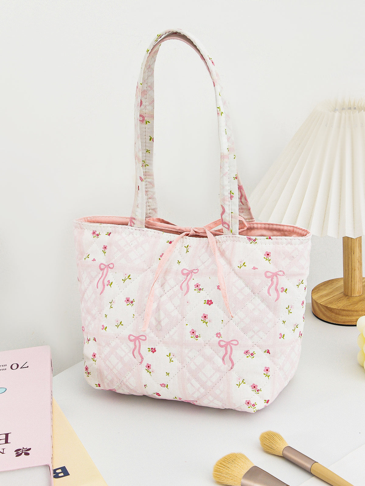 Ditsy Floral Quilted Tote Bag with Bow-Tie Handles - Bow