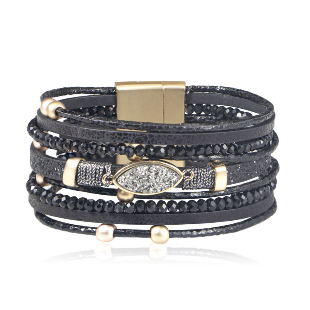 Bohemian Multi-Layer Leather Wrap Charm Bracelet - Black