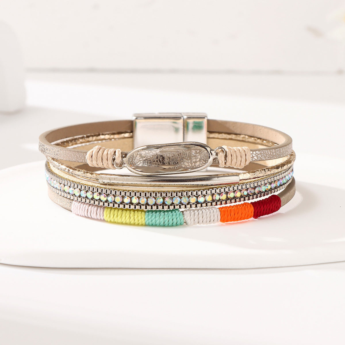 Bohemian Rainbow-Threaded Layered Leather Cuff Bracelet - Khaki