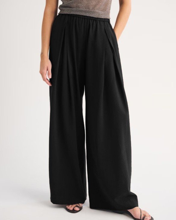 Draped High-Waist Wide-Leg Trousers with Pleated Front - Black