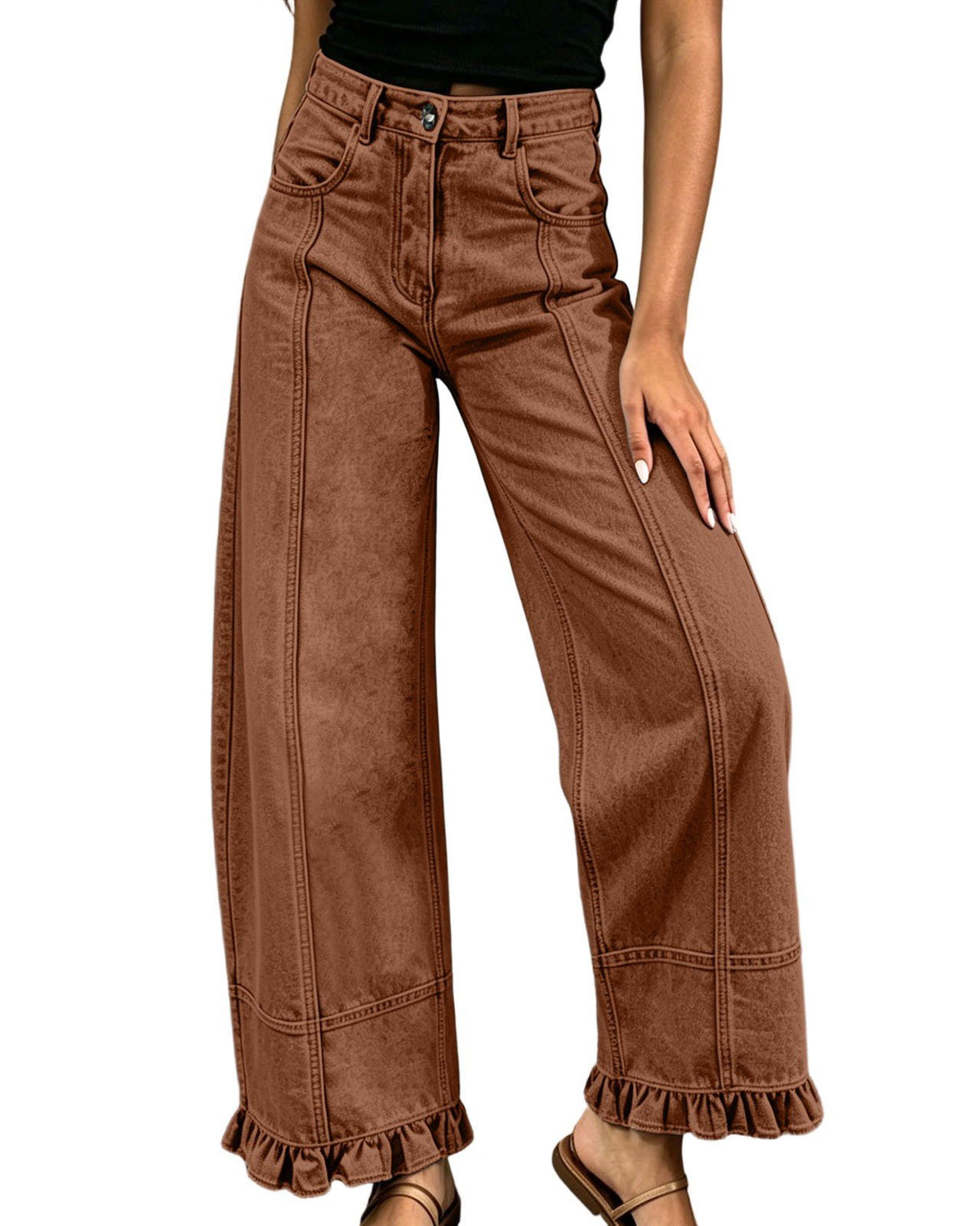 Baggy Wide-Leg Jeans with Front Seam and Ruffle Hem - Rust