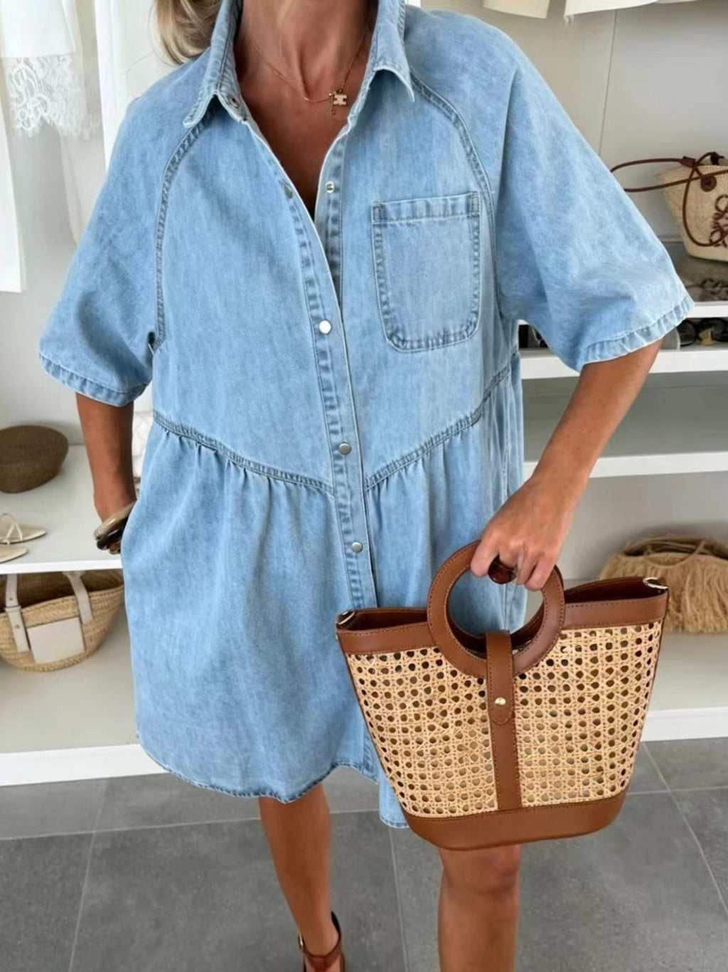 Oversized Tiered Short-Sleeve Denim Shirt Mini Dress - Blue