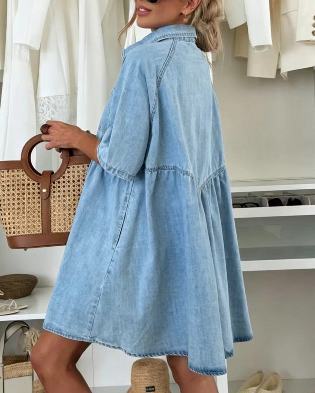 Oversized Tiered Short-Sleeve Denim Shirt Mini Dress