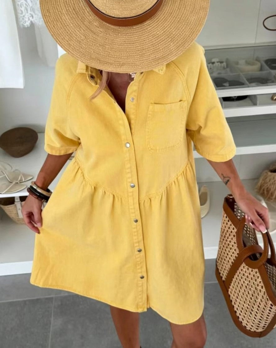 Oversized Tiered Short-Sleeve Denim Shirt Mini Dress - Yellow