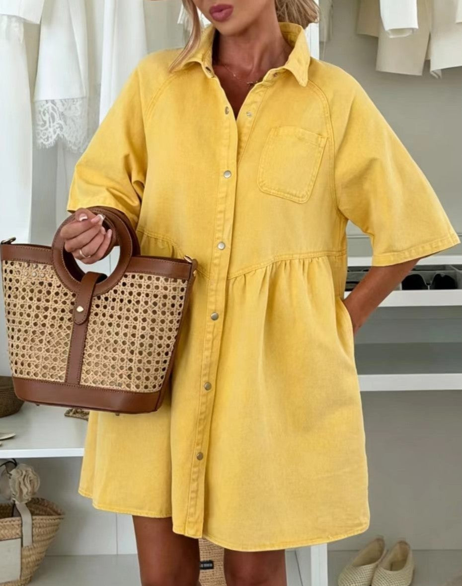 Oversized Tiered Short-Sleeve Denim Shirt Mini Dress - view 2
