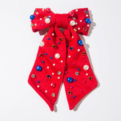 Americana Pearl & Rhinestone Bow Hair Barrette - Red