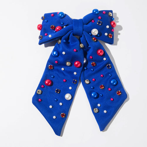 Americana Pearl & Rhinestone Bow Hair Barrette - Blue