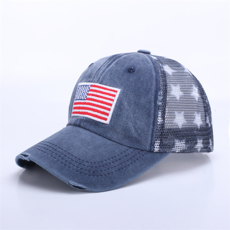 Distressed Washed Flag-Patch Star Mesh Trucker Cap - Blue