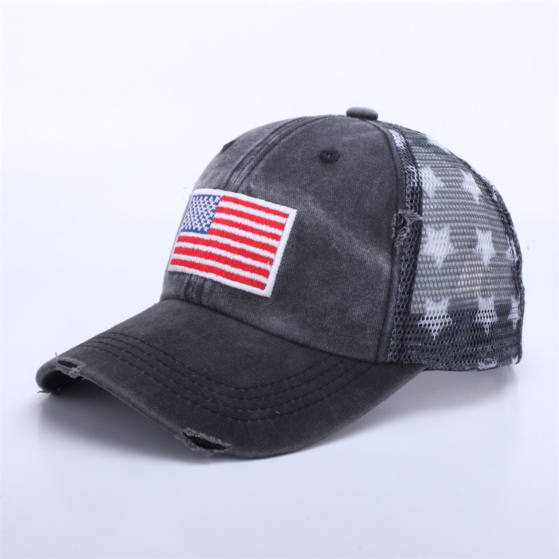 Distressed Washed Flag-Patch Star Mesh Trucker Cap - Black
