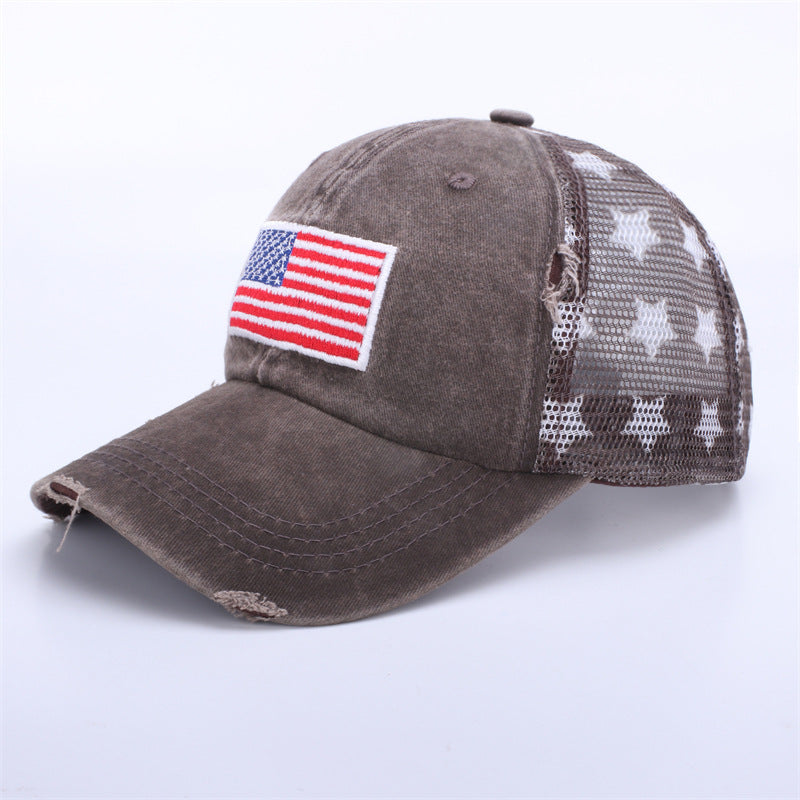 Distressed Washed Flag-Patch Star Mesh Trucker Cap - Coffee