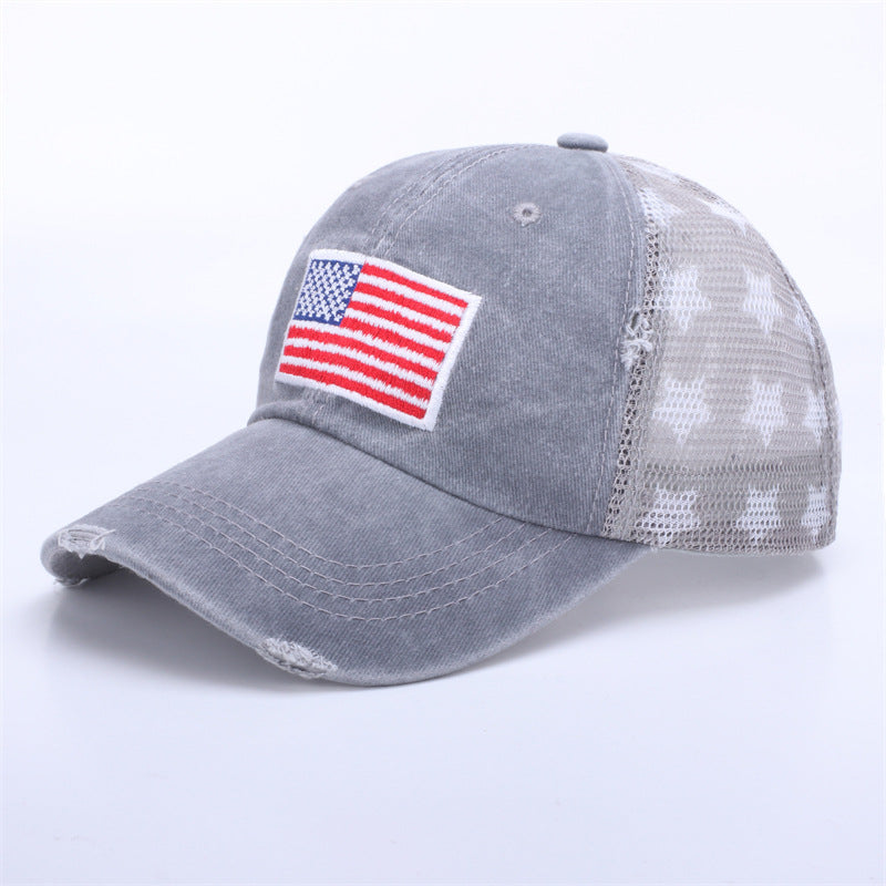 Distressed Washed Flag-Patch Star Mesh Trucker Cap - Light Gray