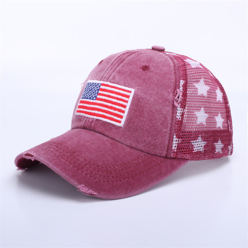 Distressed Washed Flag-Patch Star Mesh Trucker Cap - Wine Red