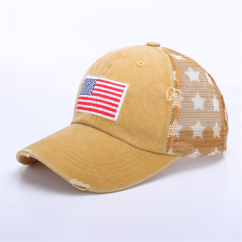 Distressed Washed Flag-Patch Star Mesh Trucker Cap - Yellow