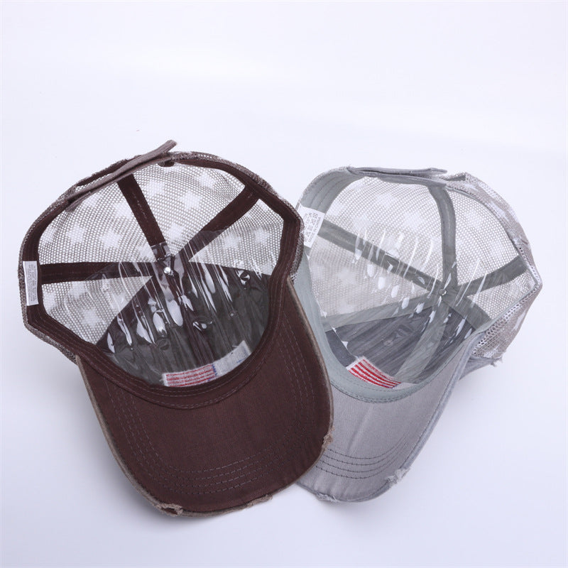 Distressed Washed Flag-Patch Star Mesh Trucker Cap